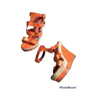 Ed Hardy Womens High Wedge Heel Strappy Sandals Shoes Orange Size 8